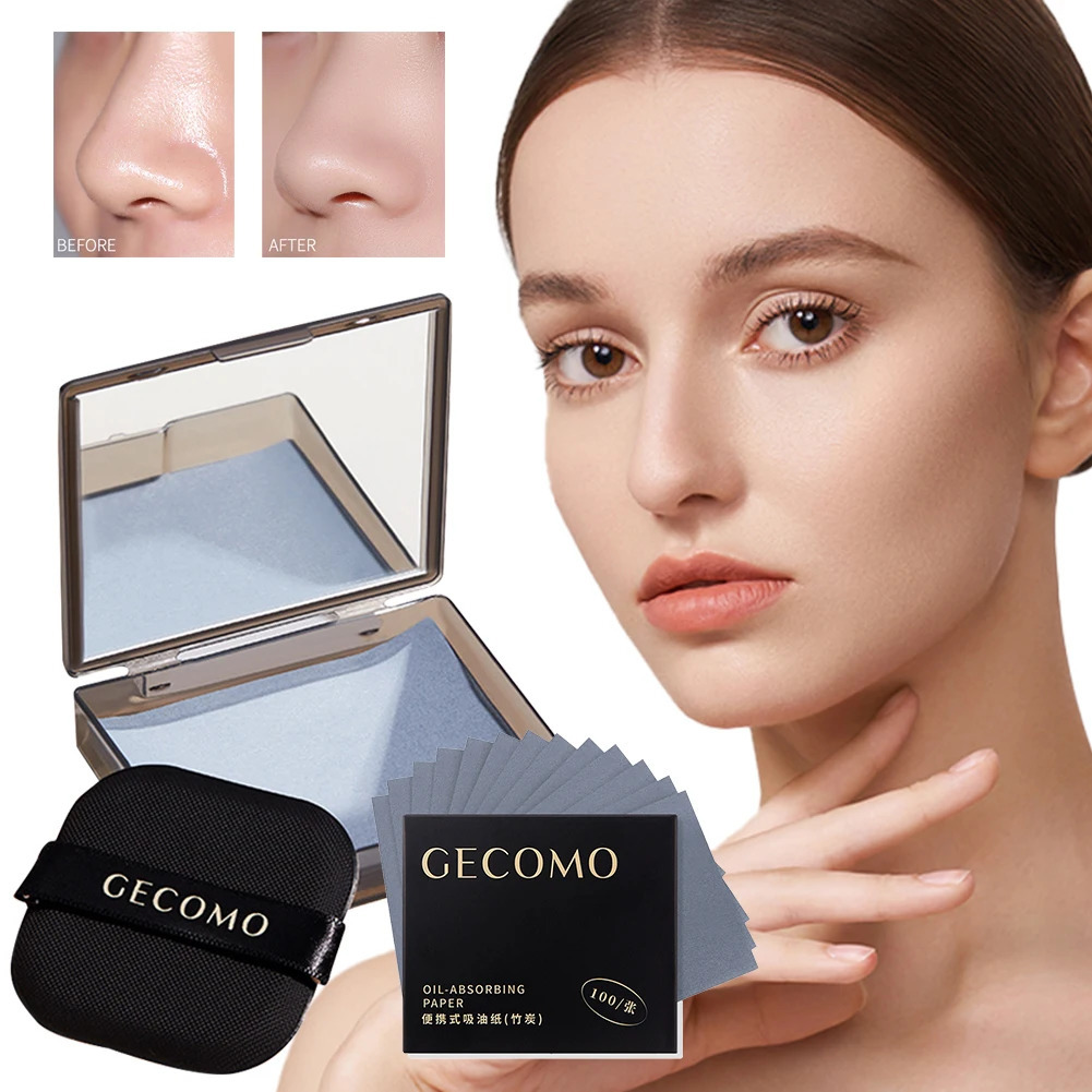 100 Sheets Oil Control Paper with Case Powder Puff Face Blotting Paper Bamboo Charcoal Face Oil Blotting Sheets for Men Women 240705