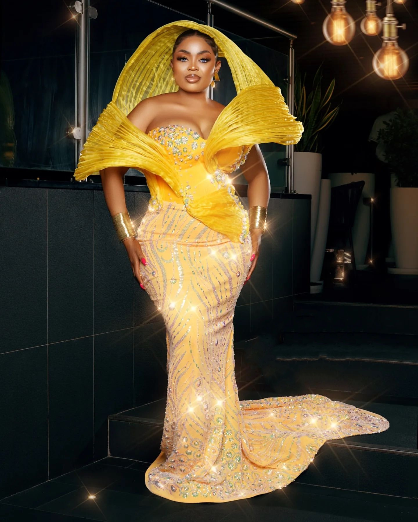 2024 Plus Size Yellow Mermaid Prom Dresses Beaded Sequined Stylish Evening Formal Party Second Reception Birthday Celebrity Engagement Gowns Dress 021