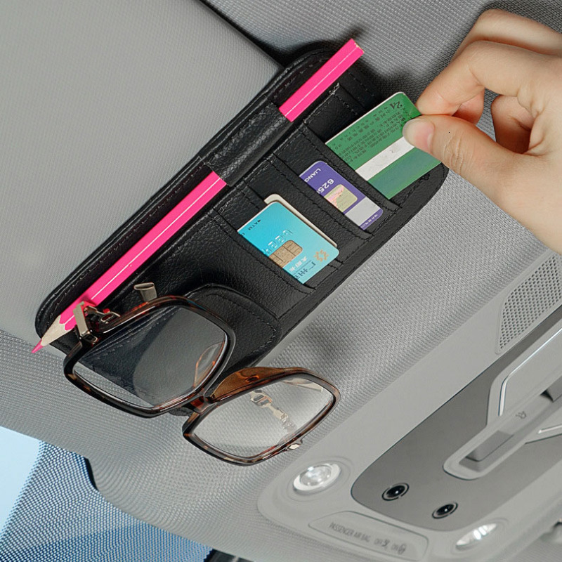 Sun Visor Organizer PU Leather Car Document Storage Pouch Pen Holder Multi-Pocket Sunglasses Clip Auto Interior Accessories