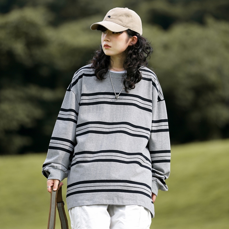 2024 striped round neck T-shirt couple loose top men's and women's casual long sleeved hoodie F7.6#47.04