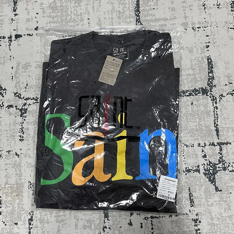 Summer Casual Loose Classic Cracked Colorful Letter Print Saint T Shirt Men Women 1 Tag TShirt Tee Tops 240703