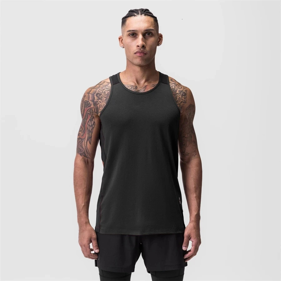 2023 Men Tank top Gym Mesh splice Workout Fitness Bodybuilding sleeveless shirt clothing Sports Singlet vest men Undershirt 240626