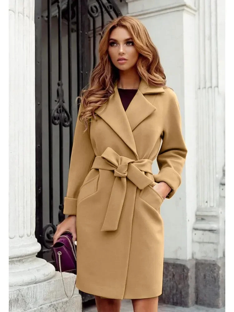 Womens S-2Xl Size Fashion Slim Fit Waist Belt Flip Collar Woolen Trench Coat For Women 240704