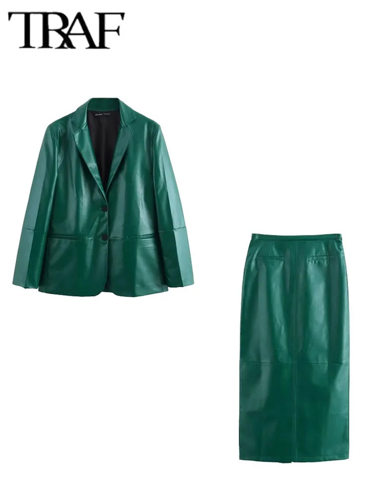 TRAF Women fashion 2 Pieces Sets Short Blazer Suits Leather Straight Tube BlazerLeather Casual Skirt Two 240704