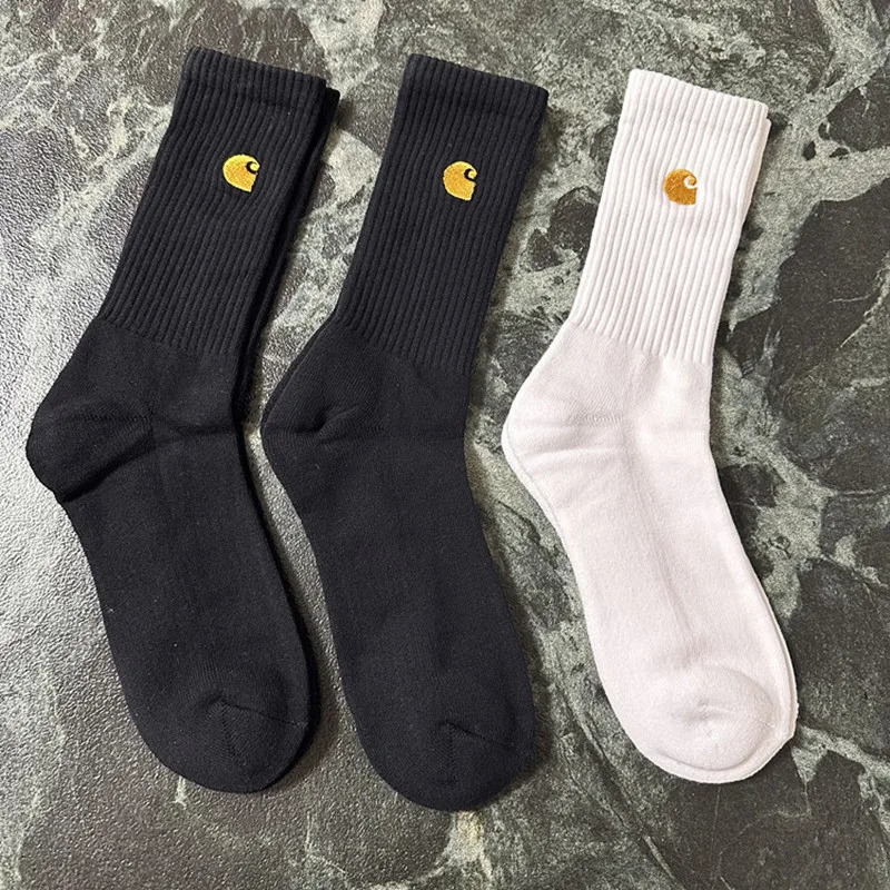 3 pairs of black white and gray mens sports socks with simple embroidery style and thickened soles 240703