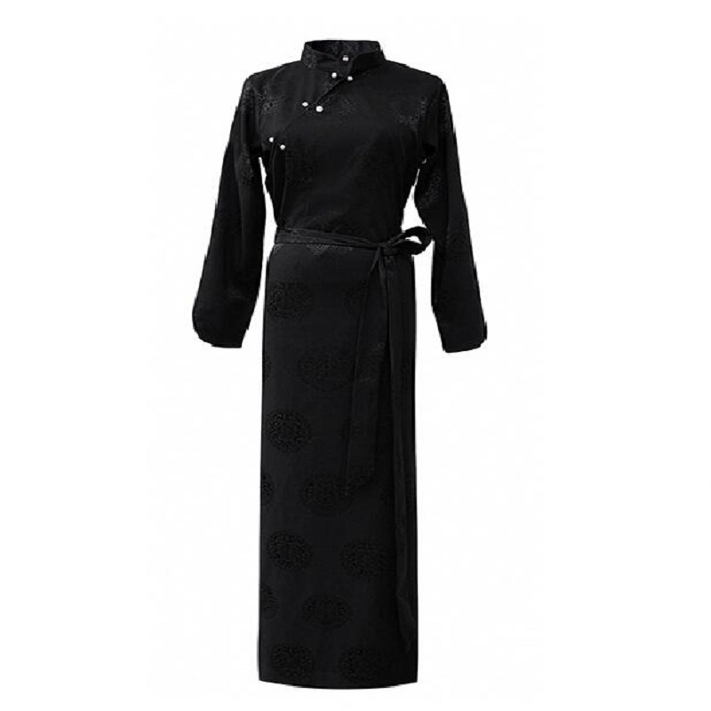 Asian Autumn Trend Woman China National Tibetan Black Gown Full Sleeve Quality Damask Robe Tibet Traditional Female Cotton Dress