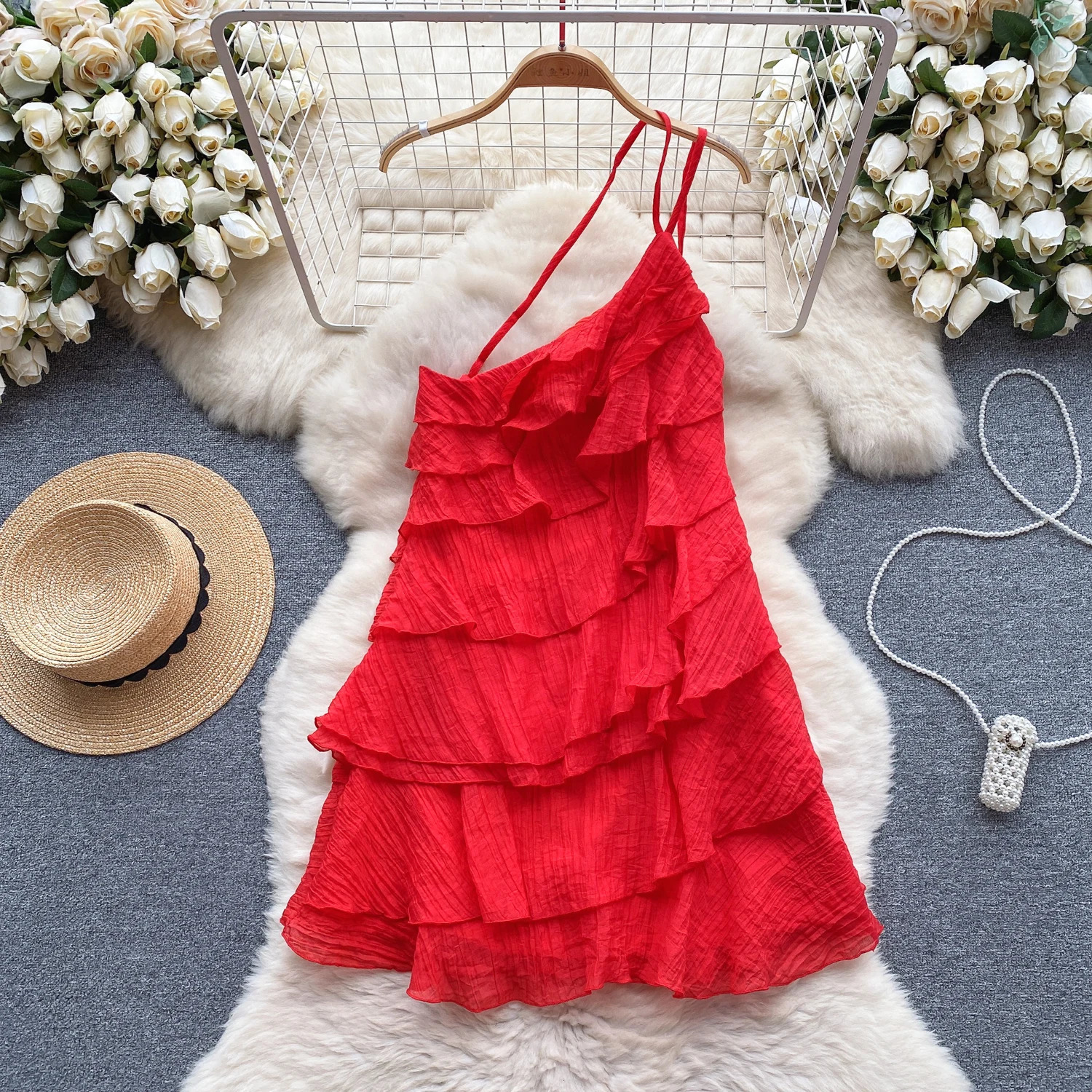 Summer Dress Women Diagonal Collar Flounced Edge Tierred Vocation Vestidos Female Exposed Shoulders Dresses Drop 240628