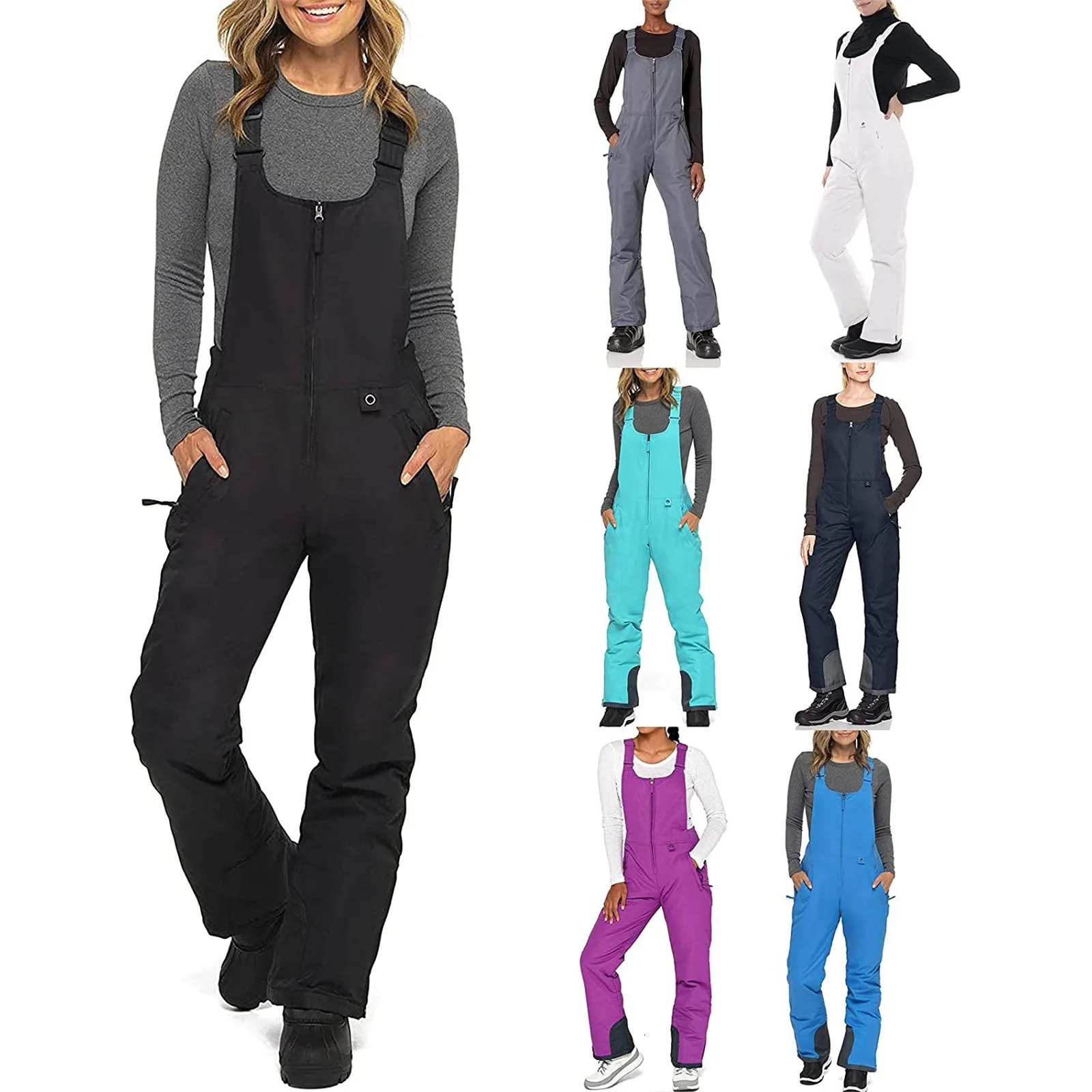 Womens Insulated Bib Overalls Solid Color Pocket OnePiece Suspenders Trousers High Quality Waterproof Warm Snow 240625