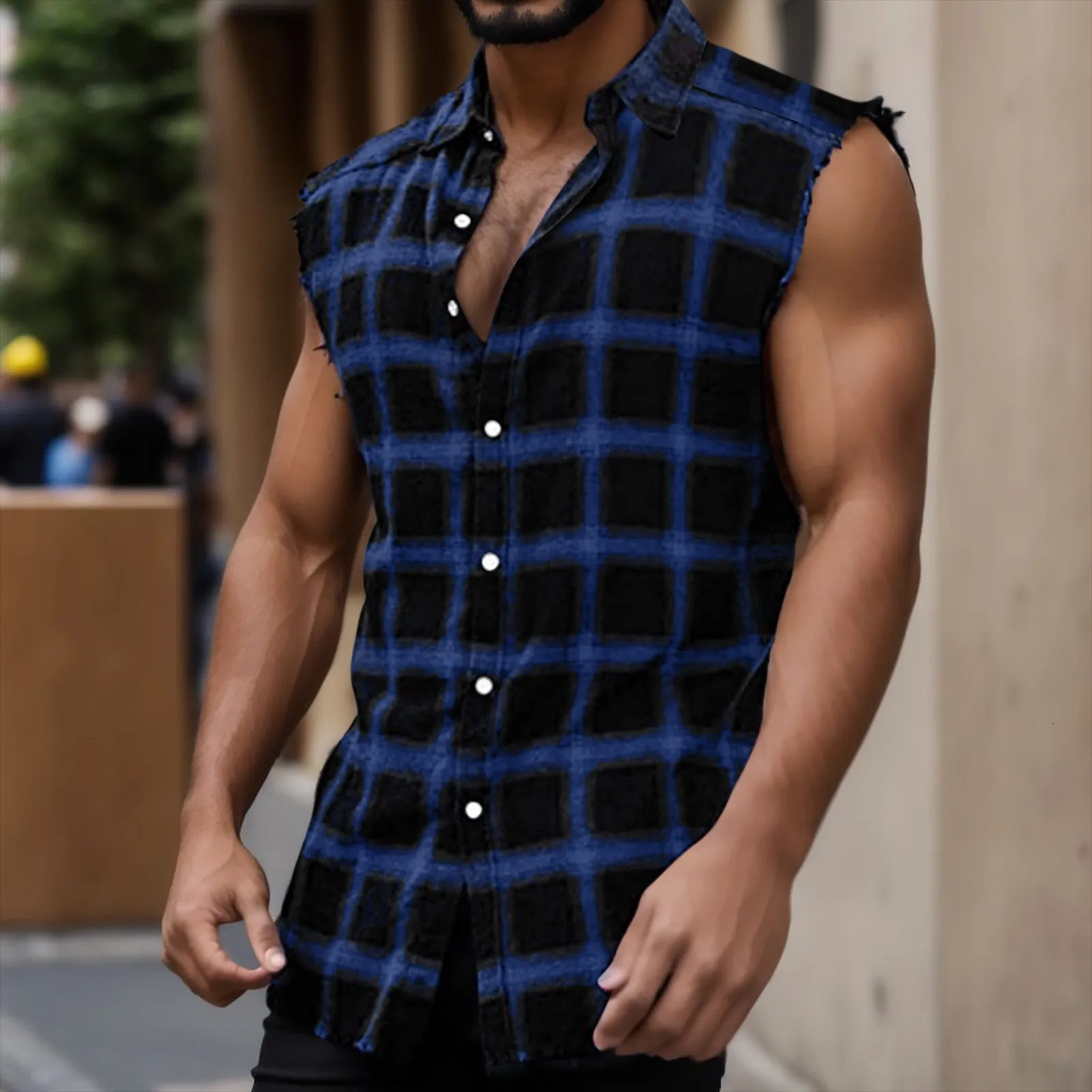 Y2k Vintage Plaid Print Tank Tops For Mens Stylish Lapel Button Vests Sleeveless Top Shirts Summer Casual Daily Streetwear 240703
