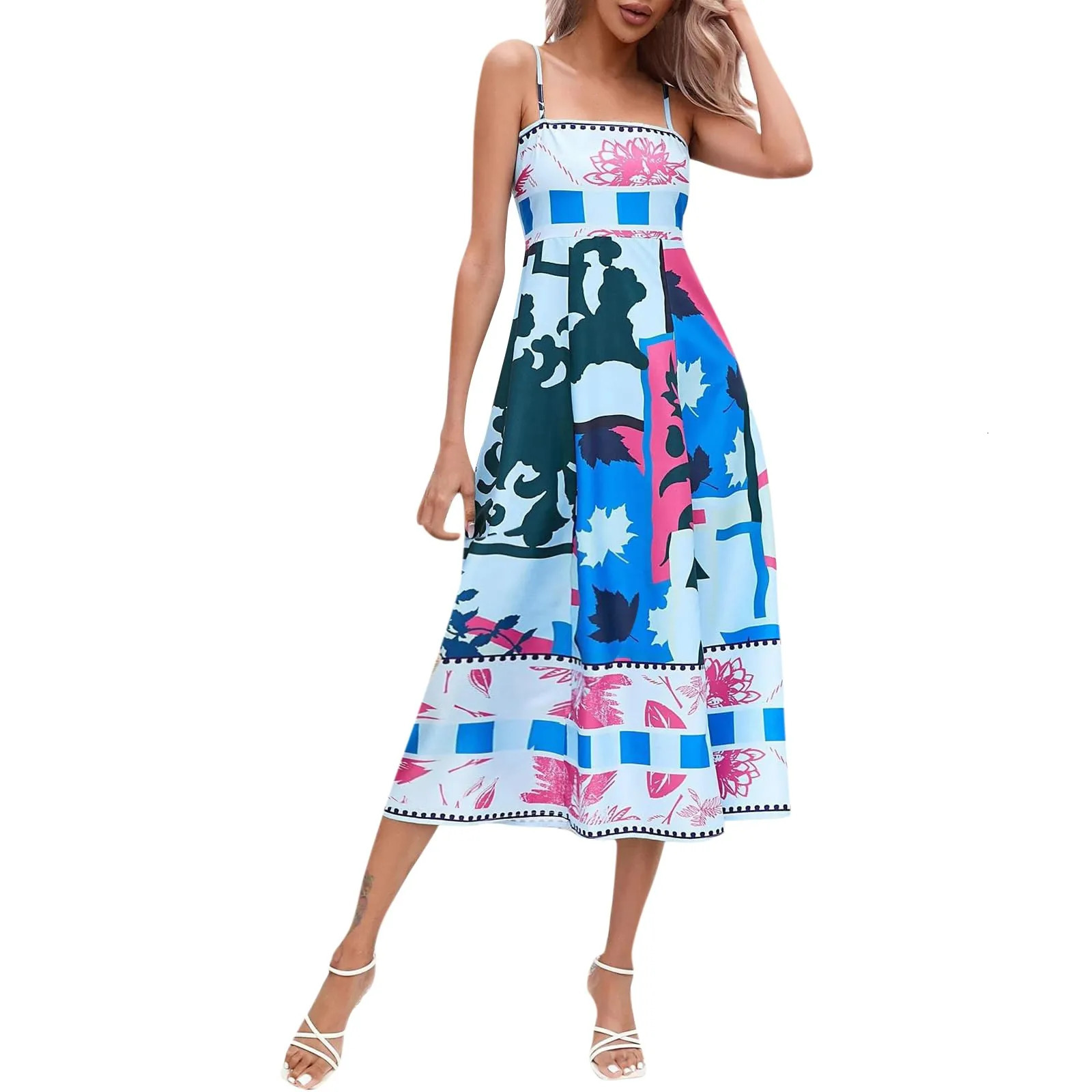 Summer European American Sleeveless Collarless High Waist Printed Painted WomenS Large Swing Sling Dress Roupas Femininas 240628