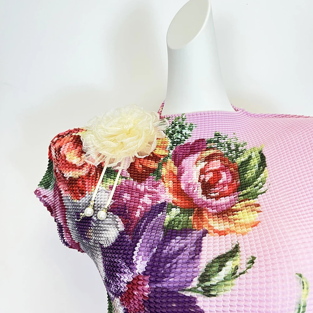 ZJYT Summer Fashion Floral Print Pleated Skirt Top Sets for Women 2 Pieces Outfit Elegant Suits Pink Dress Set Roupas Feminina 240704