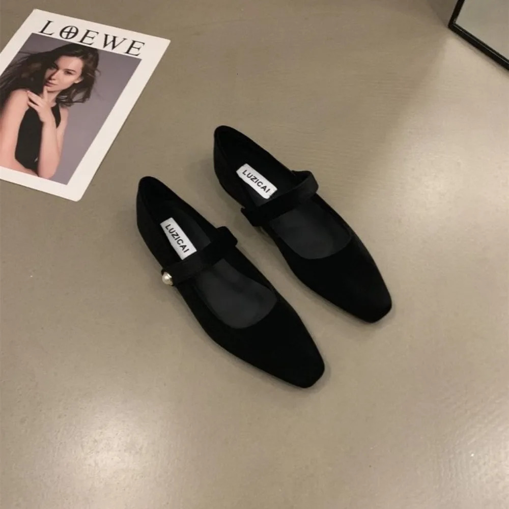 Elegant Pearl Buckle Velour Mary Jane Shoes Woman Concise Velvet Ballet Flats Ladies Evening Party Low Heel Pumps In Wine-Red 240705