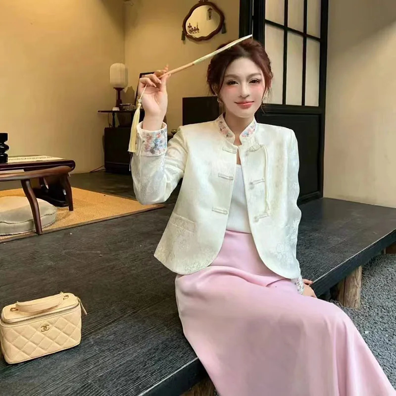 Spring Autumn Buckle Printed Coat Tops Fashion Loose Texture Formal Chinese Traditional Jacket Womens Outwear 240704