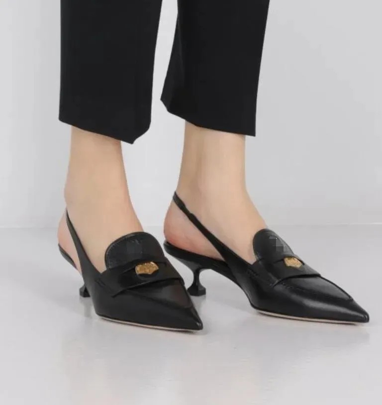 Elegant Mius&mius Women sandal pumps Logo Engraved metal embellished point toe pumps leather slingback penny loafers pumps 35-40 Box