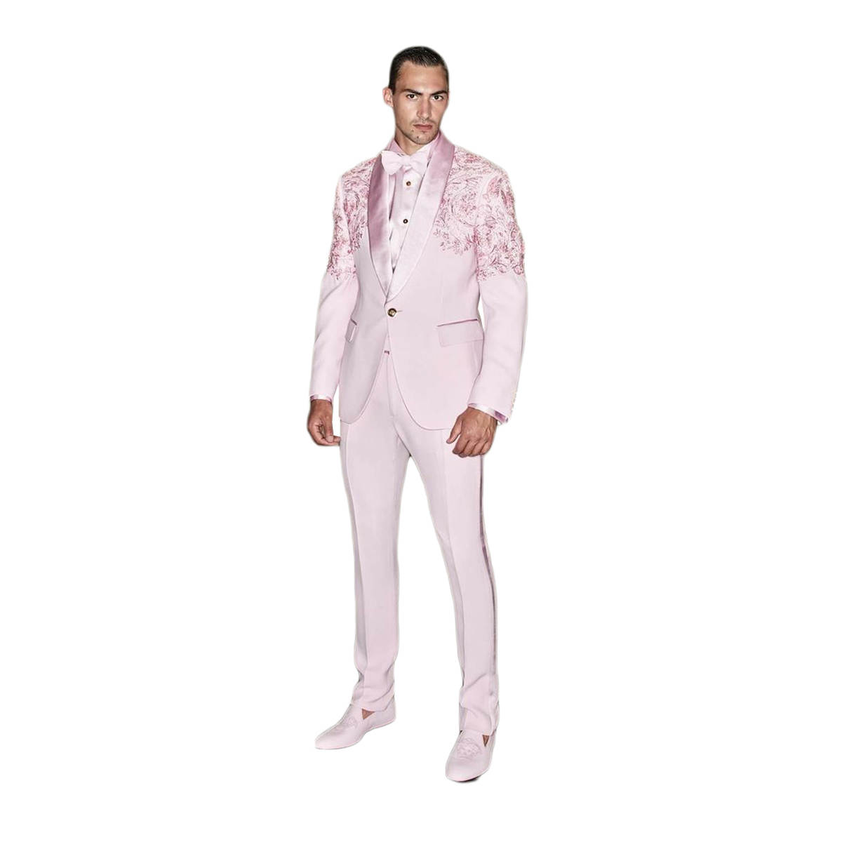 Handsome Groom Tuxedos Silk Shawl Lapel Flowers Pattern Men Pants Sets Custom Made Prom Male White Party Coat 2 Pieces