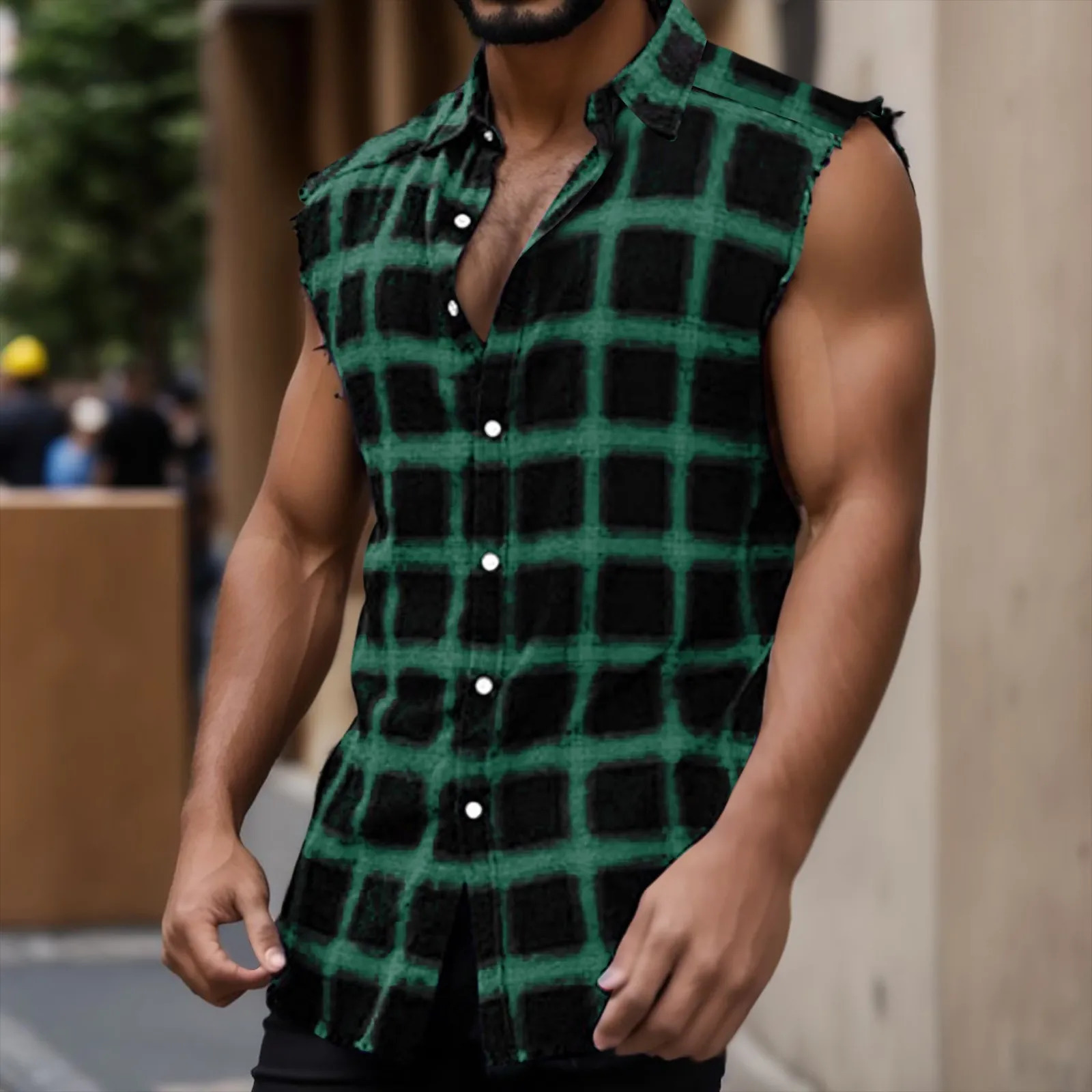 Y2k Vintage Plaid Print Tank Tops For Mens Stylish Lapel Button Vests Sleeveless Top Shirts Summer Casual Daily Streetwear 240703