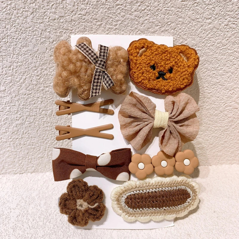 9PcsSet Cartoon Baby Girl Hair Clips Cute Bear Children Hairpin Bowknot Knitted Flower Kids Barretees Accessories 240625