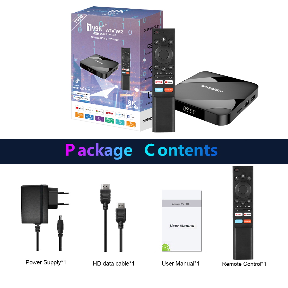 TV98 ATV Smart TV Box Android 14 Amlogic S905W2 4G 5G Dual Wifi BT 5.0 8K HD Media Player 2GB 16GB 4GB 64GB voice control Set Top Box