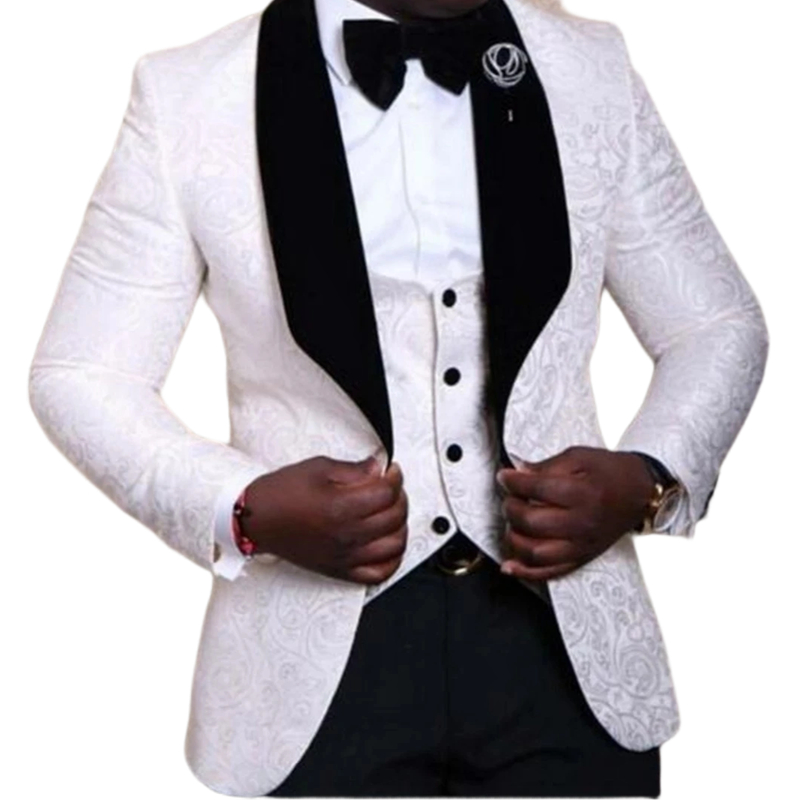Fashion White And Black Polyester Wedding Tuxedos Groom Wear Slim Fit Men Suits Black Shwal Lapel Prom Party Blazer Jacket Vest And Pants Bow Tie