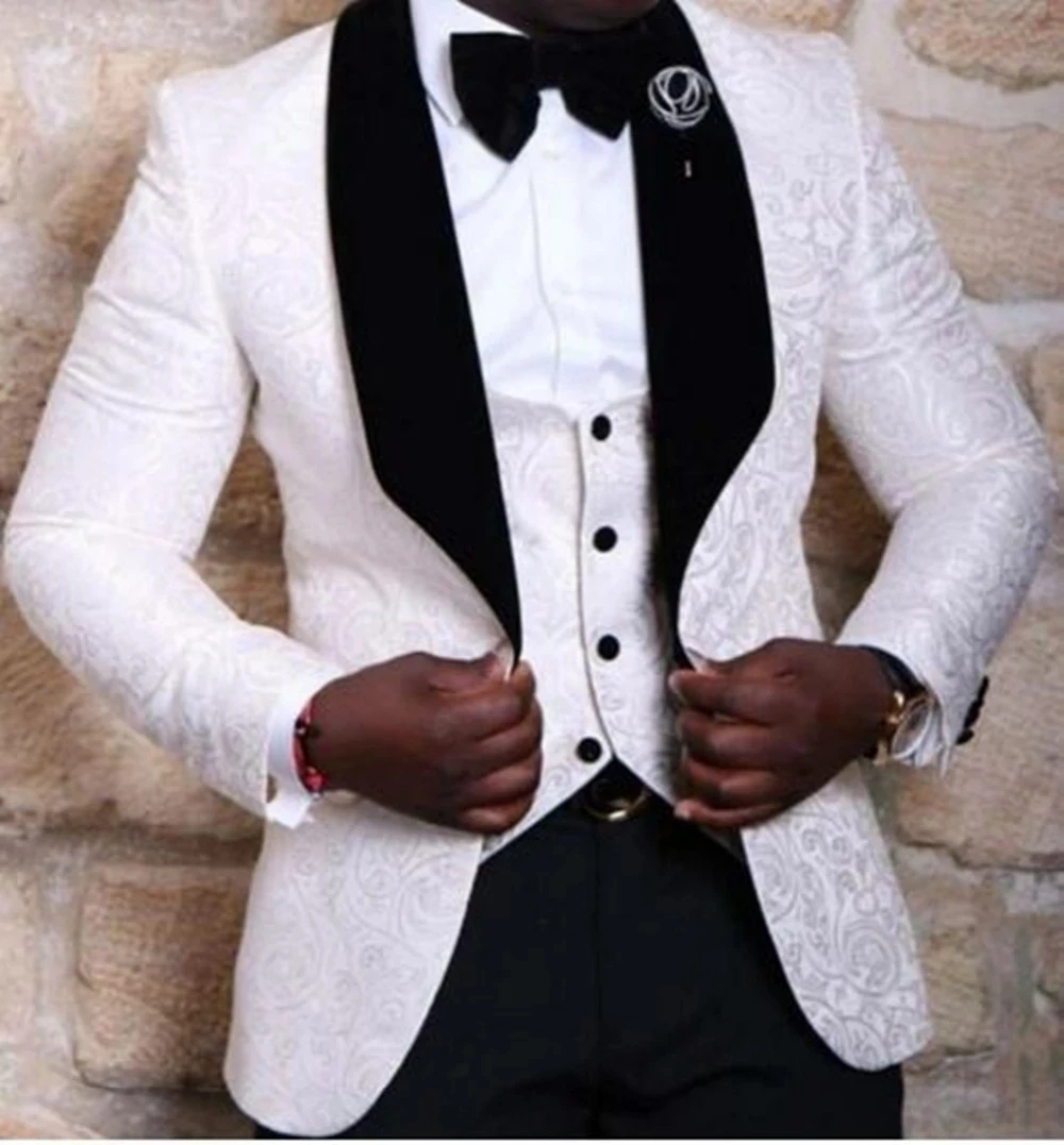 Fashion White And Black Polyester Wedding Tuxedos Groom Wear Slim Fit Men Suits Black Shwal Lapel Prom Party Blazer Jacket Vest And Pants Bow Tie
