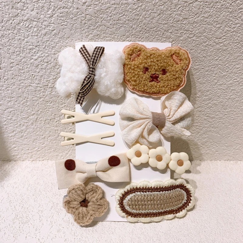 9PcsSet Cartoon Baby Girl Hair Clips Cute Bear Children Hairpin Bowknot Knitted Flower Kids Barretees Accessories 240625