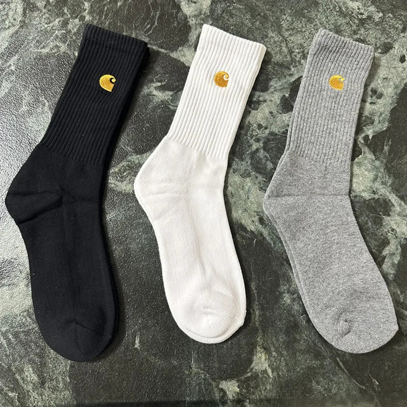 3 pairs of black white and gray mens sports socks with simple embroidery style and thickened soles 240703