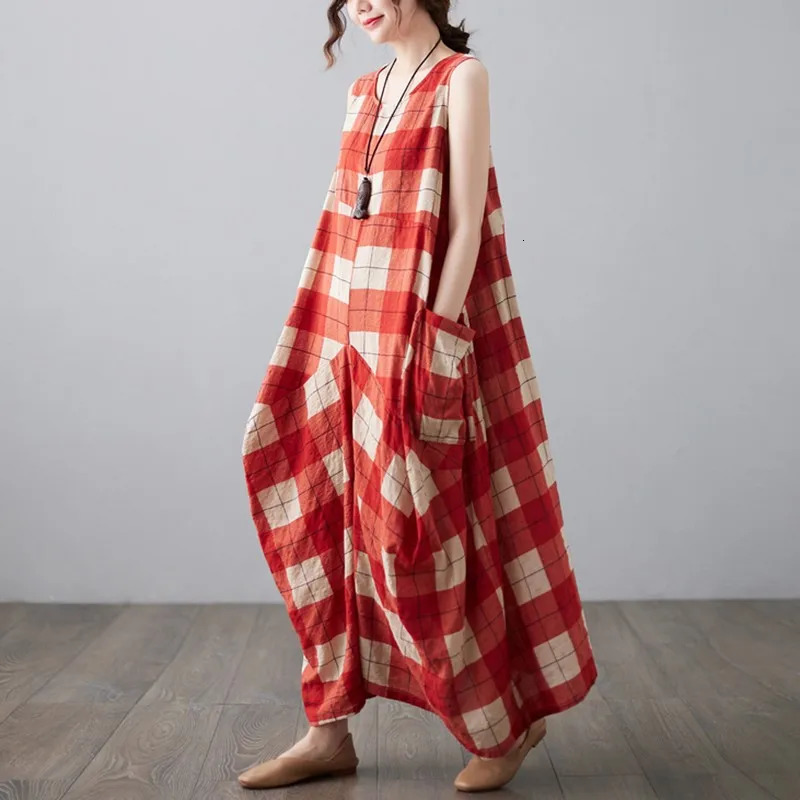 Women Casual Long Dress Arrival Summer Vintage Style Oneck Plaid Pattern Loose Female Aline Cotton Dresses B3733 240628