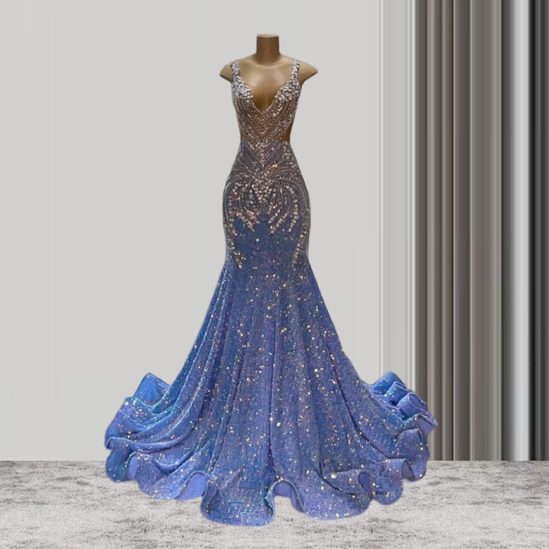 Sparkly Sky Blue Women Long Prom Dresses For Black Girls Mermaid Sheer Luxury Diamond African American Prom Gowns Evening Gala Party Dresses