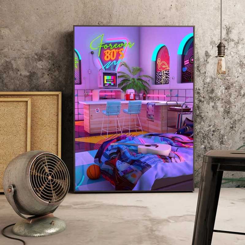 Paintings 80s Synthwave Canvas Painting Posters and Prints Abstract Fancy Wall Art Pictures Cuadros Coffee House Bar for Living Room DecorL476