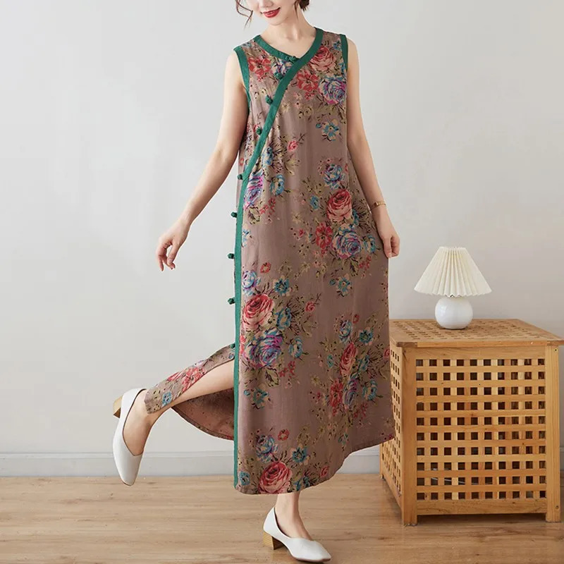 Women Casual Long Dress Summer Chinese Style Vintage Vneck Floral Print Loose Female Cotton Aline Dresses B3725 240628