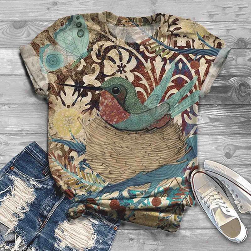 Womens T Shirts Harajuku Woman Tshirts Women Summer Size Short Sleeve Bird Printed O-Neck Tops Shirt Femme T-Shirts Mujer