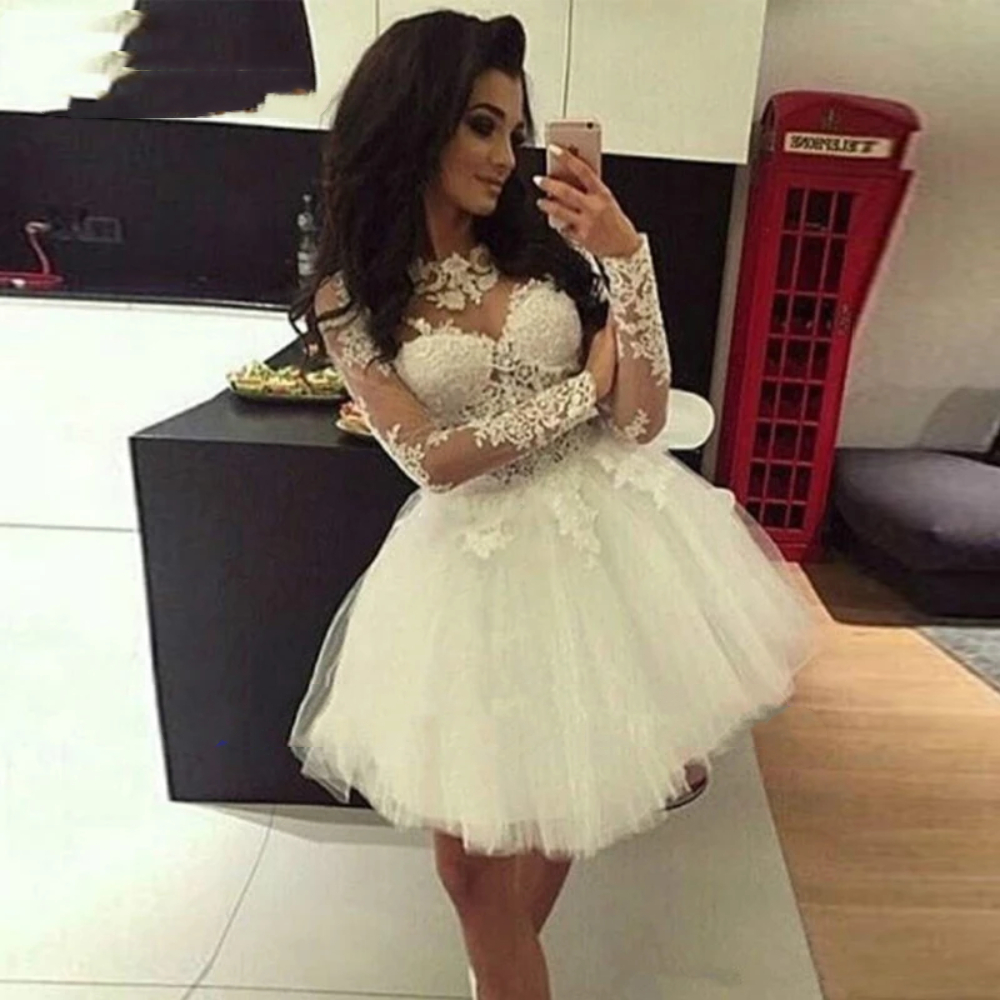 White Long Sleeves Tulle Appliques Lace Short Homecoming Dresses A-Line Birthday Graduacion Prom Party Gown