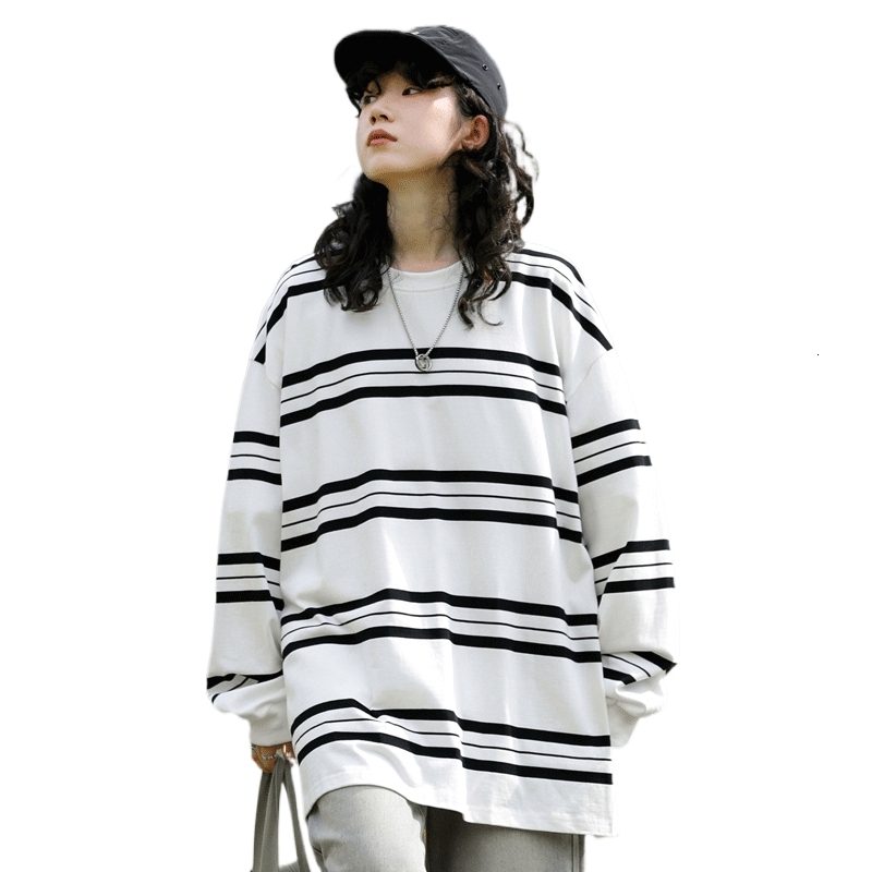 2024 striped round neck T-shirt couple loose top men's and women's casual long sleeved hoodie F7.6#47.04