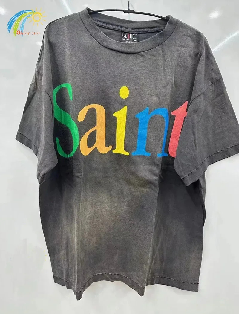 Summer Casual Loose Classic Cracked Colorful Letter Print Saint T Shirt Men Women 1 Tag TShirt Tee Tops 240703