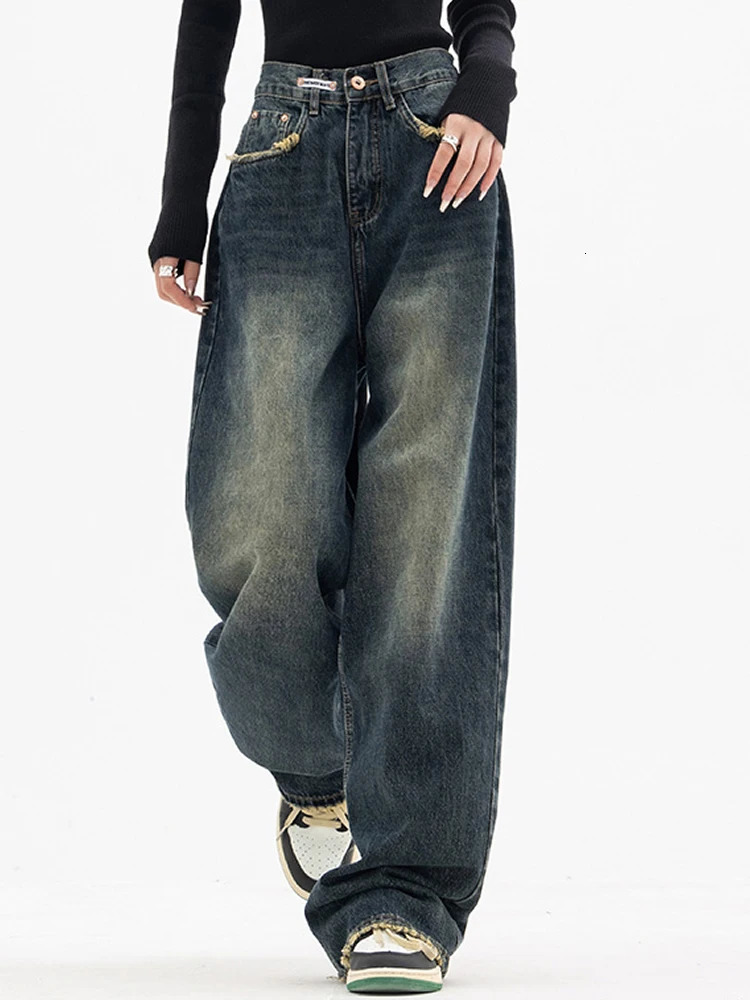 Y2K Women Vintage Streetwear Korean Baggy Blue Jeans High Waist Straight Wide Leg Pants Denim Trousers Fairy Grunge Alt Clothes 240704