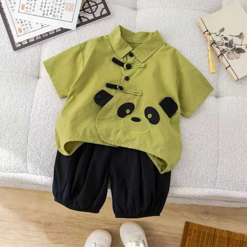 Clothing Sets 2024 Boys Summer Cartoon Set Baby Chinese Set Fashion Panda Pankou Short Sleeve+Shorts Summer Two Piece Set