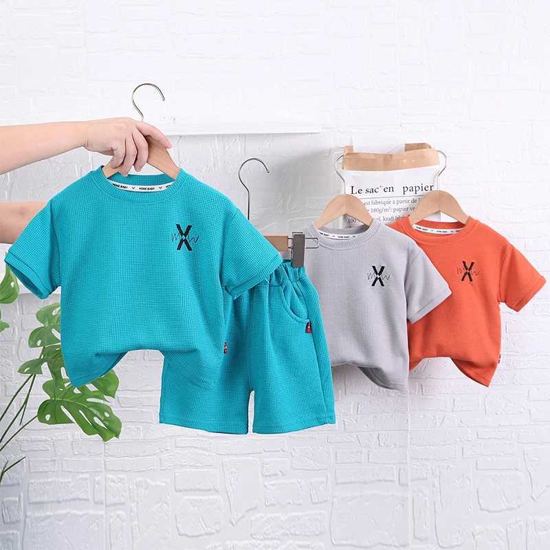 Clothing Sets New Summer Baby Boys Clothes Set Cotton Short Sleeve Waffle T-Shirts And Solid Shorts 2Pcs Casual Suit for Kids 1-5 Years
