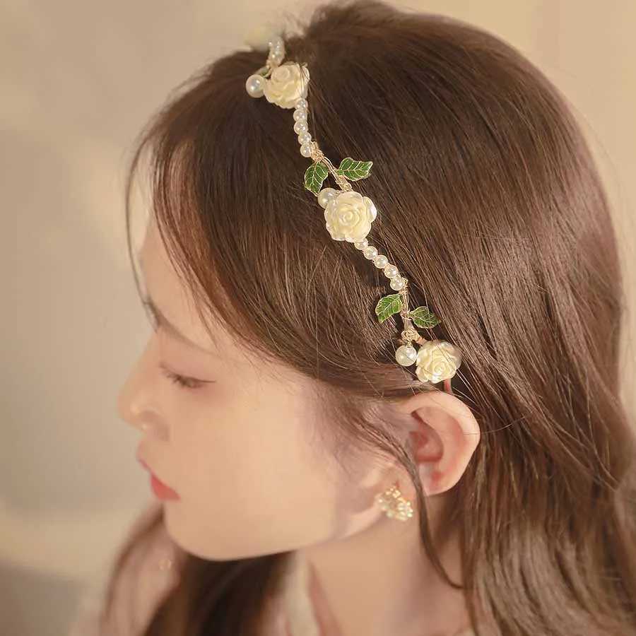 Headbands Red White Simulated Flower Rose Wedding Hair Accessories Hairband 2023 New French Romantic Spring Leaves Headdress Hair Hoops
