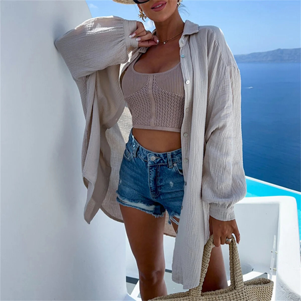 Women Casual Sequin Eye Shirt Dress Summer Fashion Beach Style Loose Button Sun Protection Cotton Linen Geometric Tops 240627