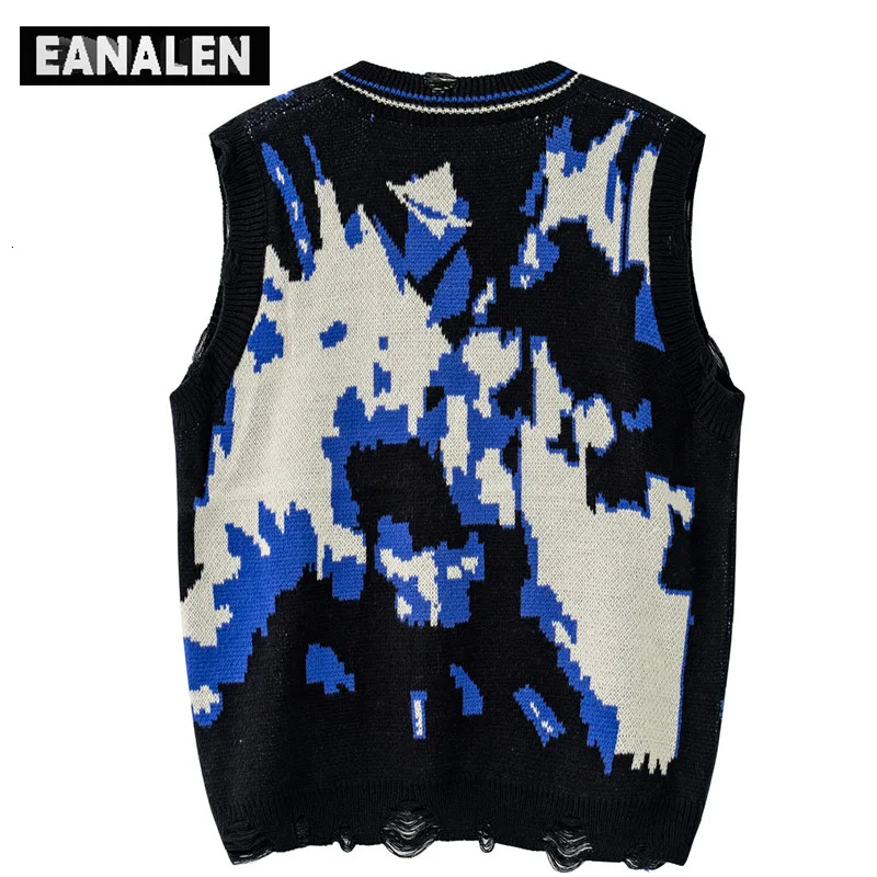 Harajuku retro black blue tassel jumper knitted sweater vest oversized Korean sleeveless sweater grandpa ugly sweater women Y2K 240704