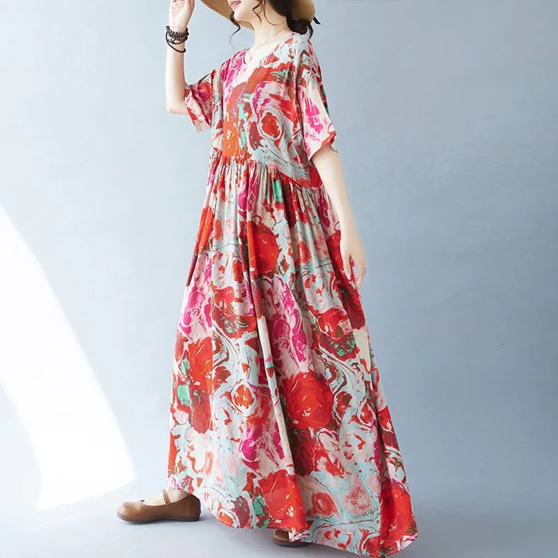 Women Casual Long Dress Arrival Summer Vintage Style Oneck Floral Print Loose Female Aline Holiday Dresses B3705 240628
