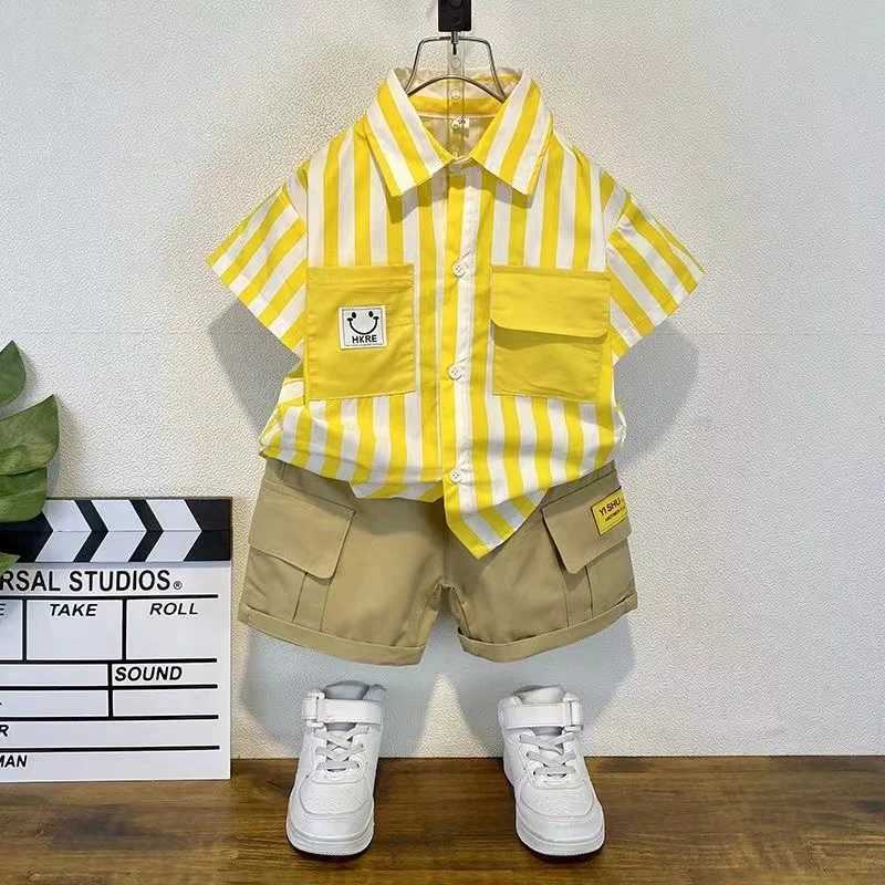 Clothing Sets Boys Summer Short sleeved Shirt Set 2024 New Fashionable Baby Fashionable Summer Clothes Trendy Childrens Two Piece Set