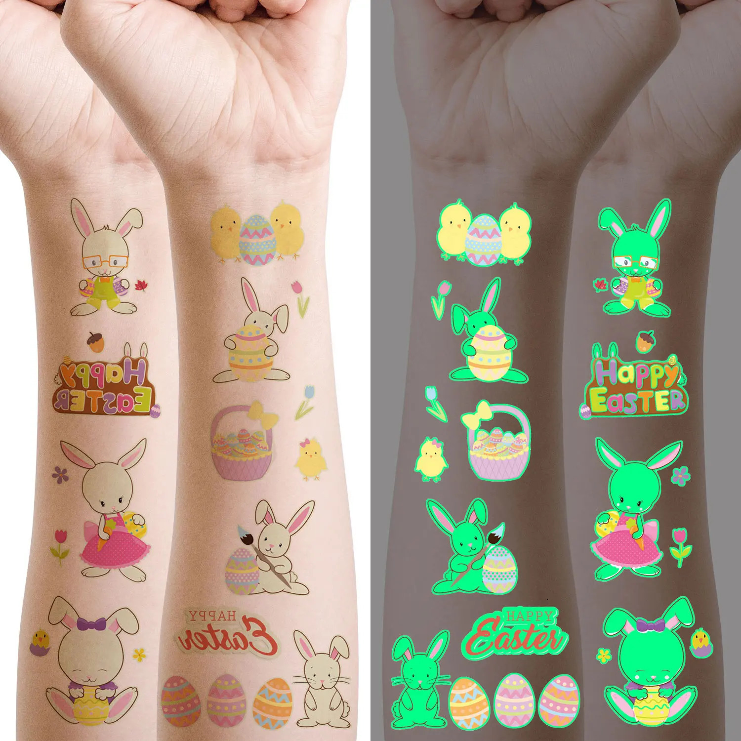 10 pieces of Easter cartoon bunny Easter egg pattern illuminated temporary tattoo stickers night glow birthday party gift stickers 240705