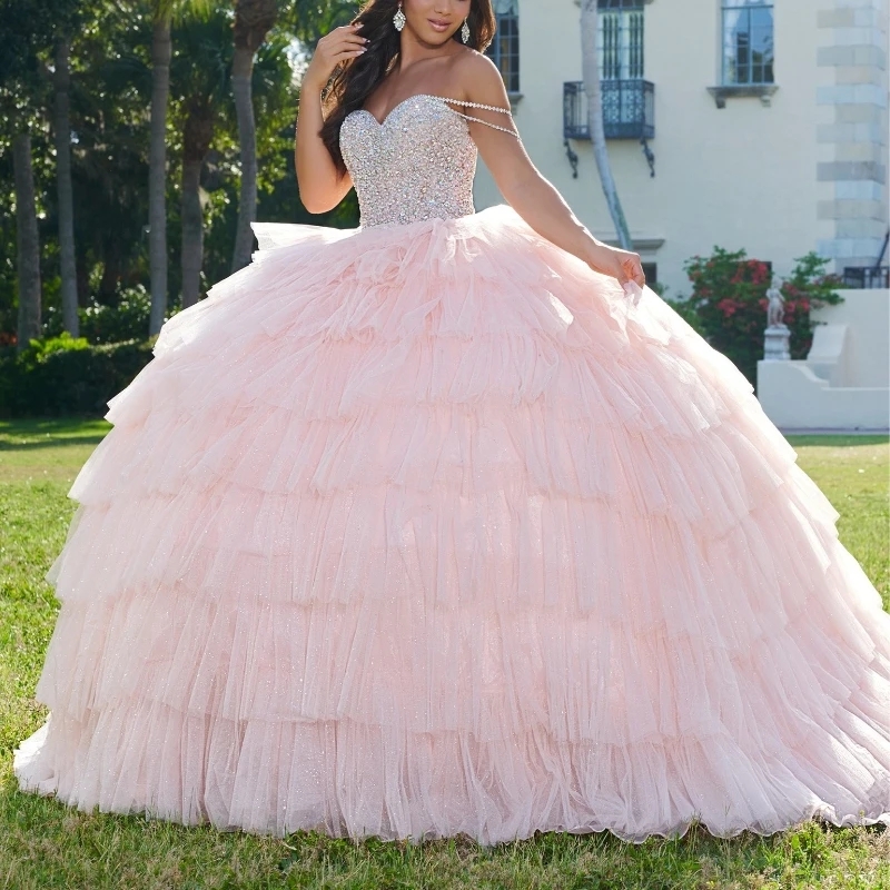 Luxury Pink Ball Gown Quinceanera Dresses 2025 Beads Crystal Tull Tiered Ruffles Mexican Sweet 16 Dresses Vestidos De 15 Anos