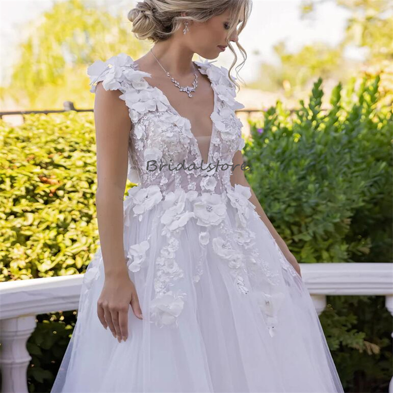 Gorgeous 3D Florals Boho Wedding Dress 2024 Fairy V Neck Civil Hippies Backless Beach Bride Dress Charming Gatsby Bridal Dress Vestidos De Casamento R