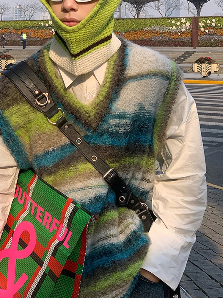 HOUZHOU Vintage Sweater Vest Mens Knitted Sleeveless Men Sweaters Retro V-neck Pullover Blue Japanese Streetwear Harajuku 240704