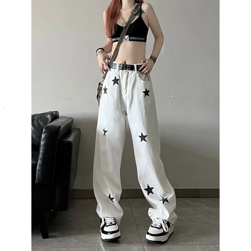 High Street Star Print White Black Jeans Womens Denim Pants Korean Fashion Streetwear Y2k Clothes Pant Clothing High Waist 240704