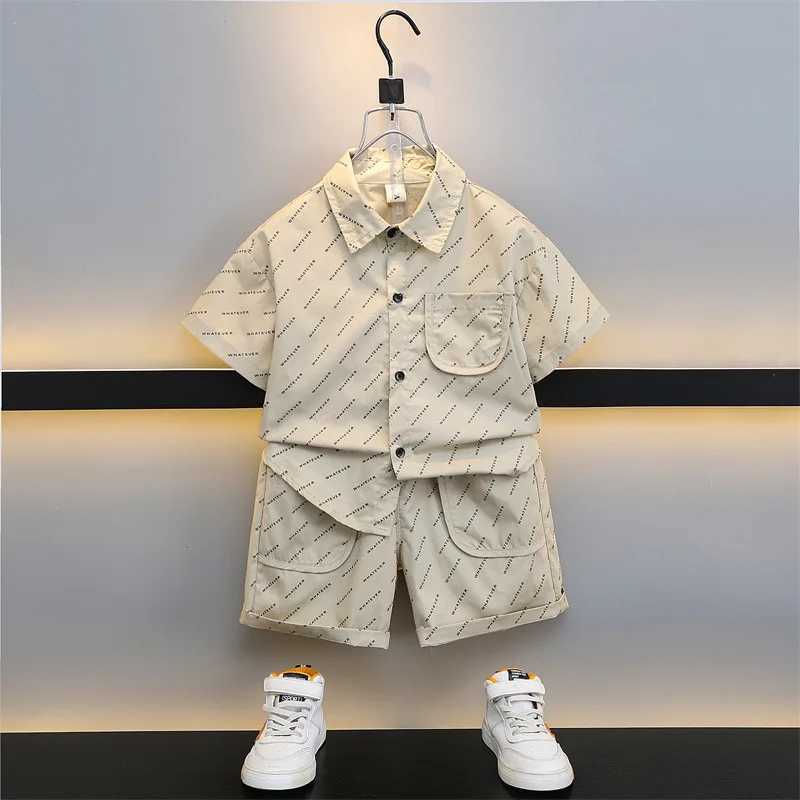 Clothing Sets Boys Summer Clothing Short-sleeved Shirt and Shorts Set 2024 Boys Literary Clothes Boys Cool Ruffian Handsome