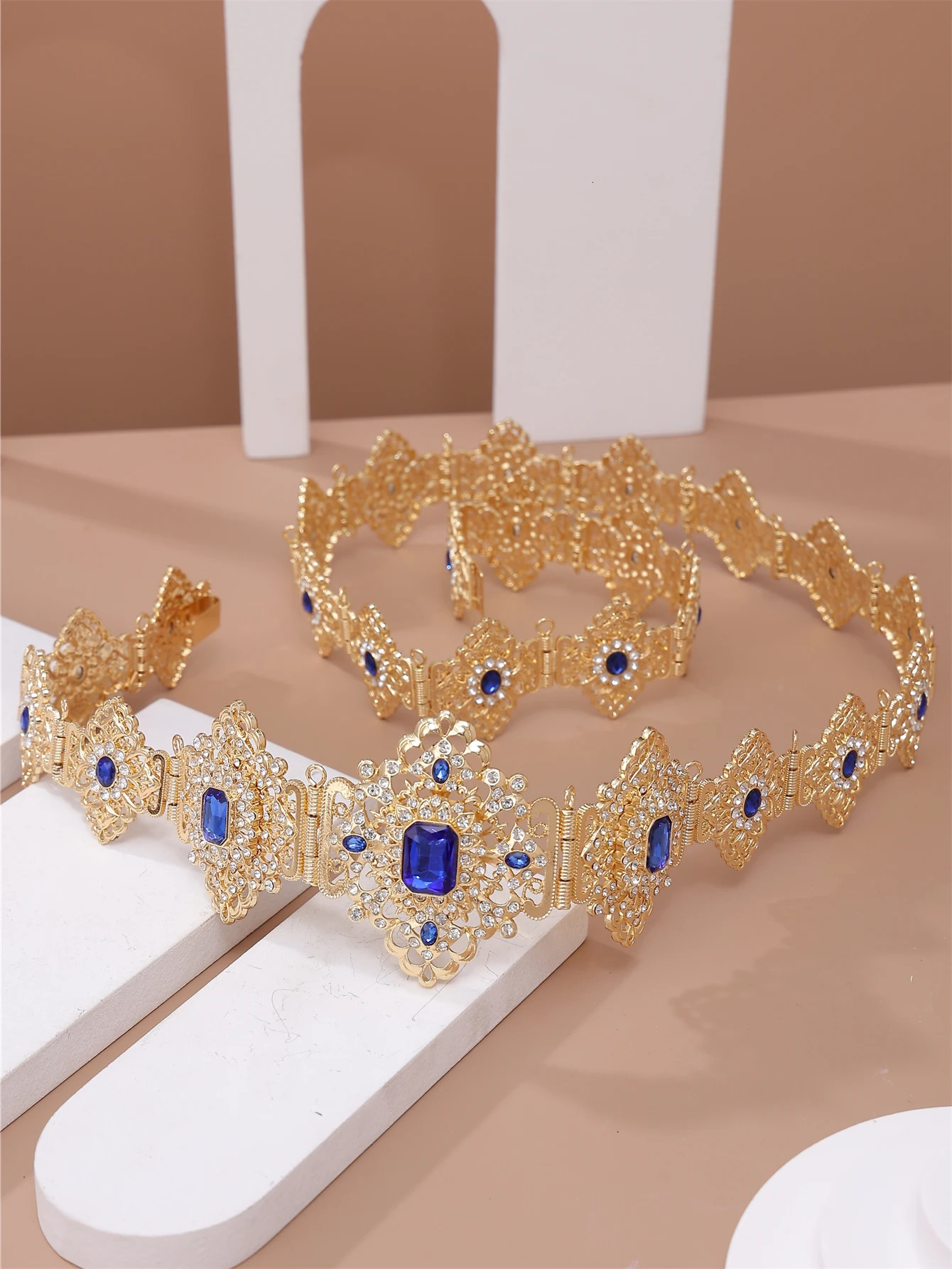 Moroccan Wedding Jewelry Caftan Belt for Women Gold Color Red Blue Crystal Bride Gift Long Adjustable Waist Chain 240701