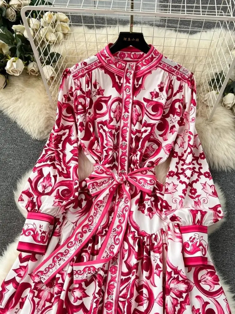 JAMERARY Runway Red Blue White Porcelain Print Holiday Maxi Dress Womens Stand Single Breasted Loose Lace Up Belt Long Vestido 240627